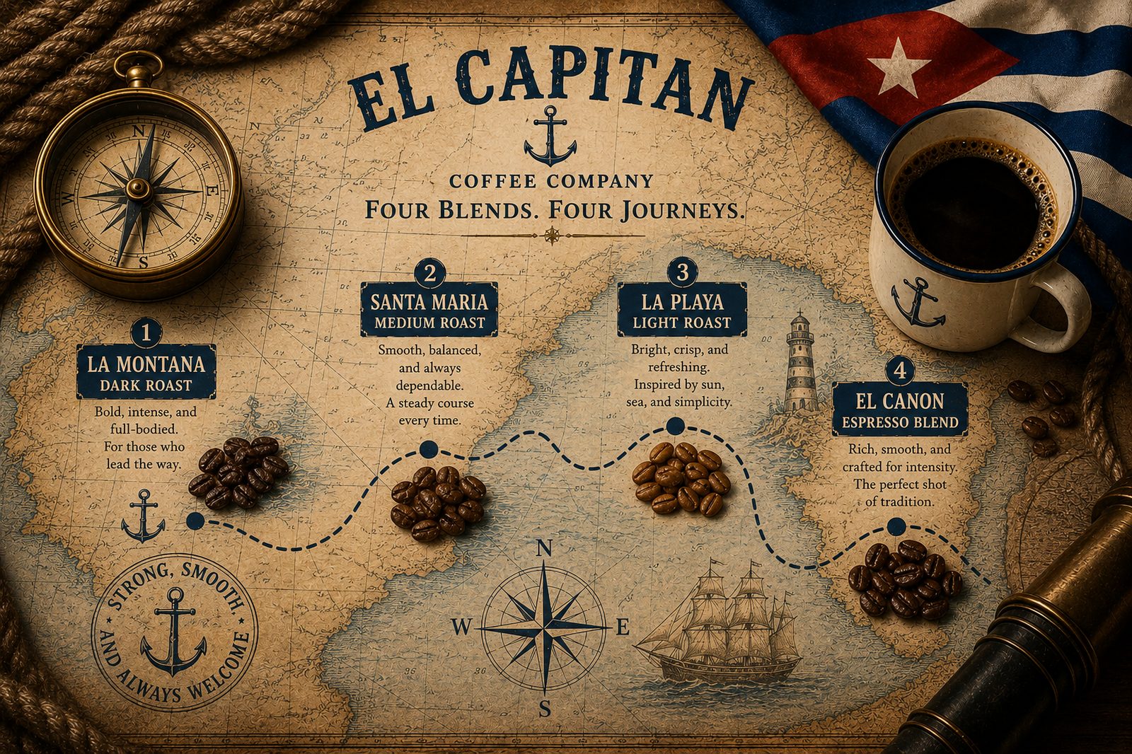 Map of the four El Capitán blends — La Montaña, Santa María, La Playa, and El Cañón